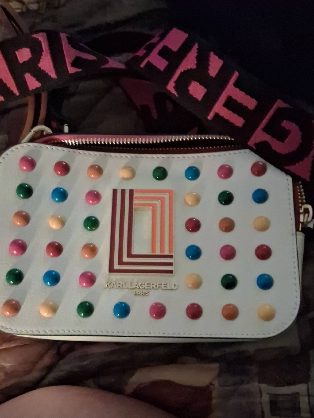 Karl Lagerfeld White Crossbody with Multicolor Studs and Pink Branded Strap